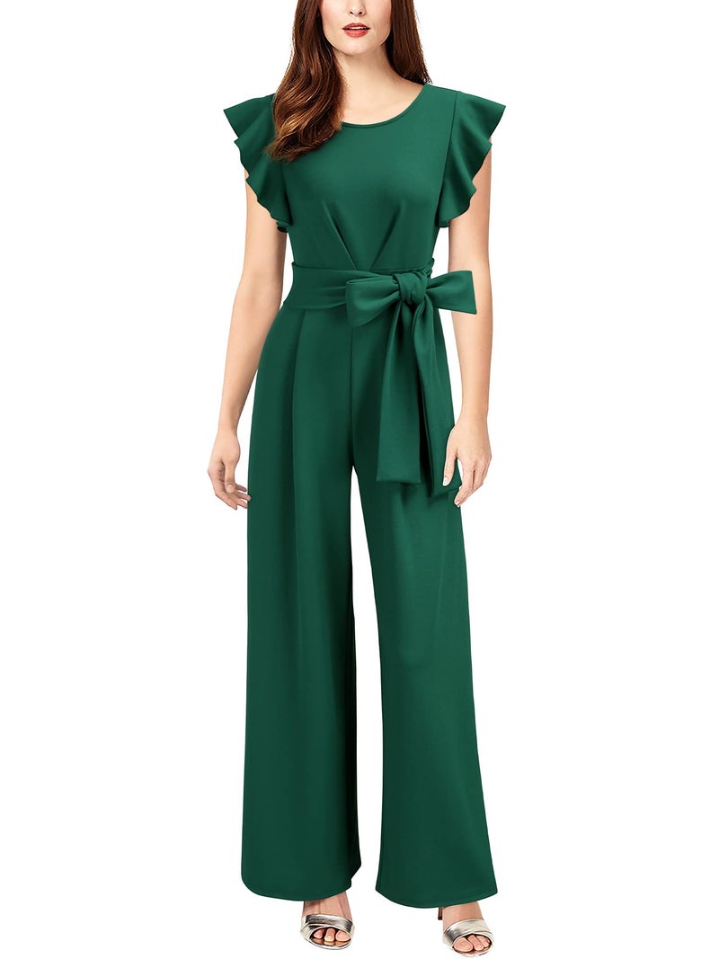 Knitee Women's Vintage Sleeveless Ruffle High Waist Wide Leg Romper Formal Long Jumpsuit with Belt (A-Dark Green, Small) - Image 1